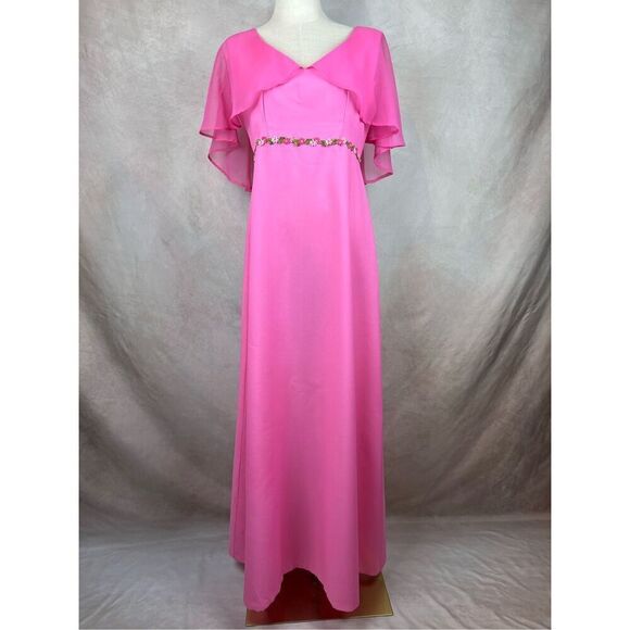 Vintage 1970s Hot Pink Evening Gown Dress Mod MCM Disco Floral Medium Sheer - Picture 1 of 8